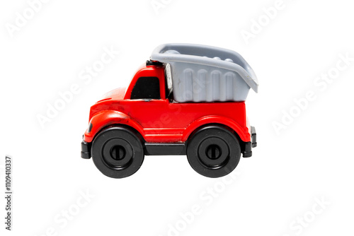red plastic children's toy truck on transparent background . png