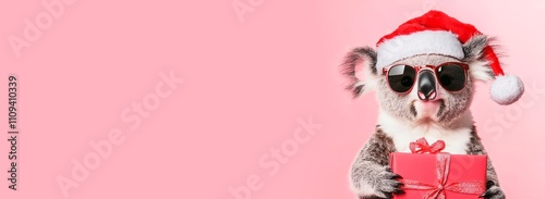 Koala in a Santa Claus hat and sunglasses holds a gift box on a pink background, with space for text. A Christmas card with a cute animal character, funny koalas in a New Year's costume