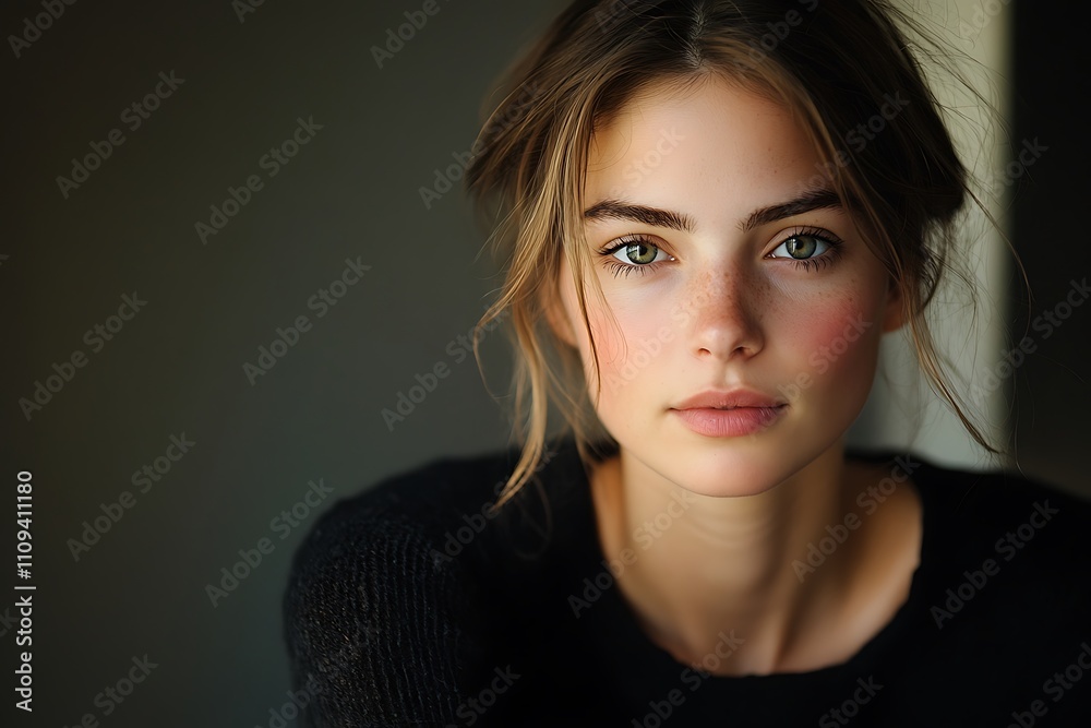 Serene Woman Green Eyes Close Up Minimal Makeup Dark Background Serene Woman Green Eyes Close Up Minimal Makeup Dark Background
