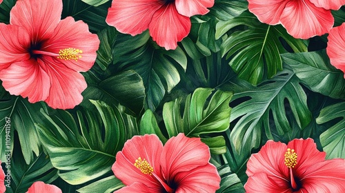 Seamless tropical pattern featuring watercolor hibiscus flowers and lush green leaves for vibrant textile designs