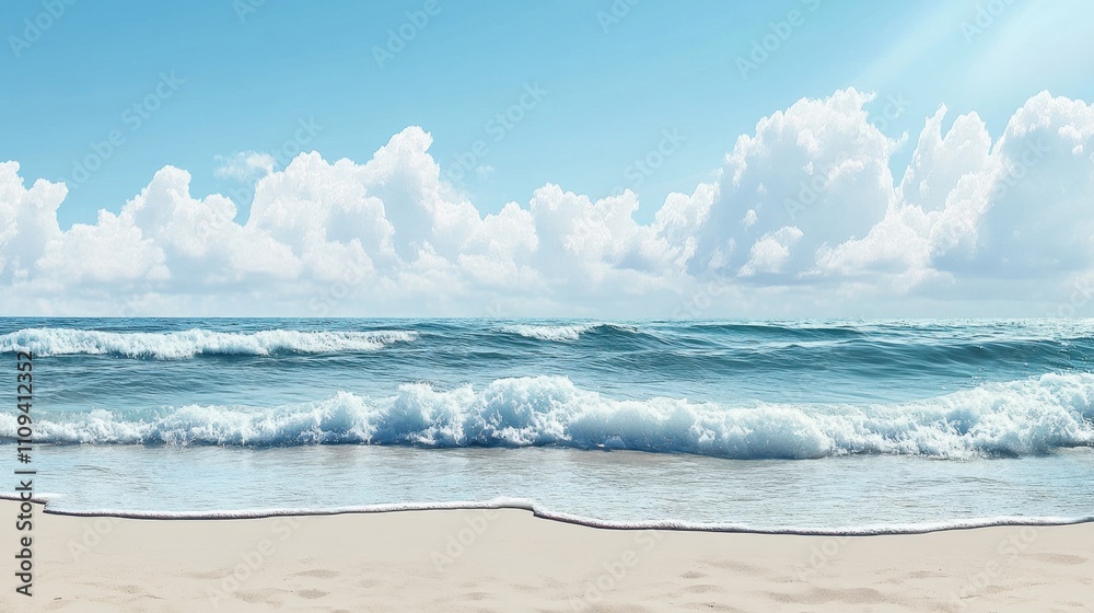 Fototapeta premium Sandy summer beach with gentle waves and an open blue sky, leaving ample copy space for text or product mockups