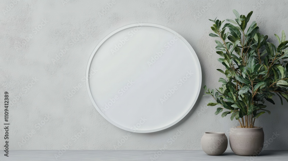 Minimalist Interior with Round Mirror and Green Plant Display Minimalist Interior with Round Mirror and Green Plant Display