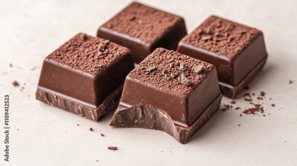 Rich Dark Chocolate Squares with Cocoa Dust on Neutral Background Rich Dark Chocolate Squares with Cocoa Dust on Neutral Background