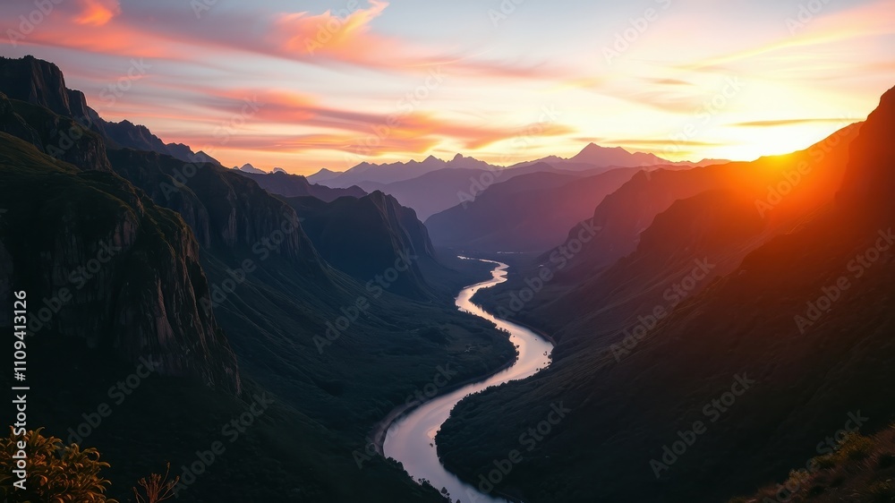 Serene River Winding Through Majestic Mountain Range As Sunset Bathes The Landscape In Golden Hues Serene River Winding Through Majestic Mountain Range As Sunset Bathes The Landscape In Golden Hues
