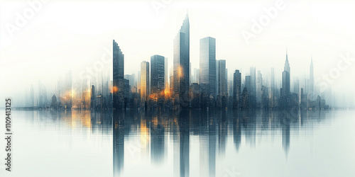 An abstract minimalist city skyline reflected in calm water, featuring tall buildings with a soft glow and a foggy atmosphere