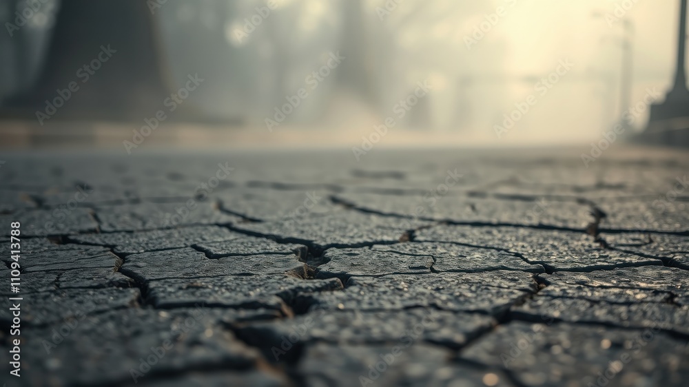 Obraz premium A close-up view of a cracked pavement with a soft, out-of-focus background of a misty city street.