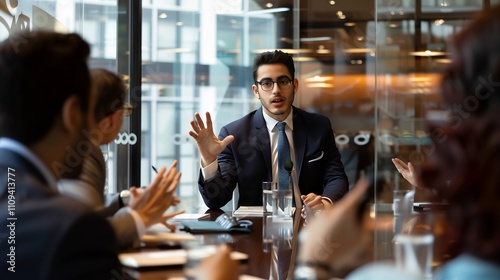 Business man with a dynamic presence leading a group of corporate managers through a highpressure negotiation with potential investors aiming for a successful business expansion deal photo