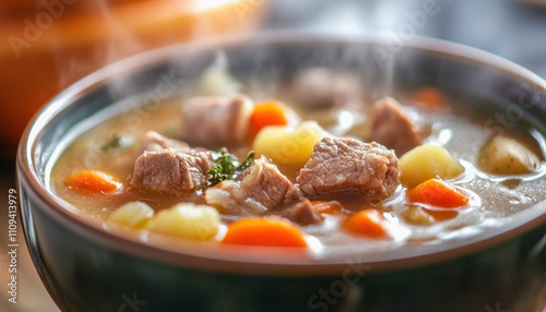 Steaming hot beef stew with potatoes and carrots in bowl