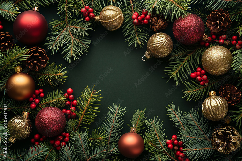 A Christmas tree with many ornaments, including red and gold balls A Christmas tree with many ornaments, including red and gold balls
