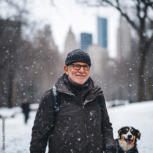 Happy Older man walking dog in a snowy city. Space for ad text