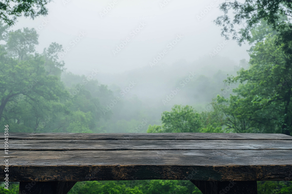 Empty wooden table with misty forest background. Empty wooden table with misty forest background.