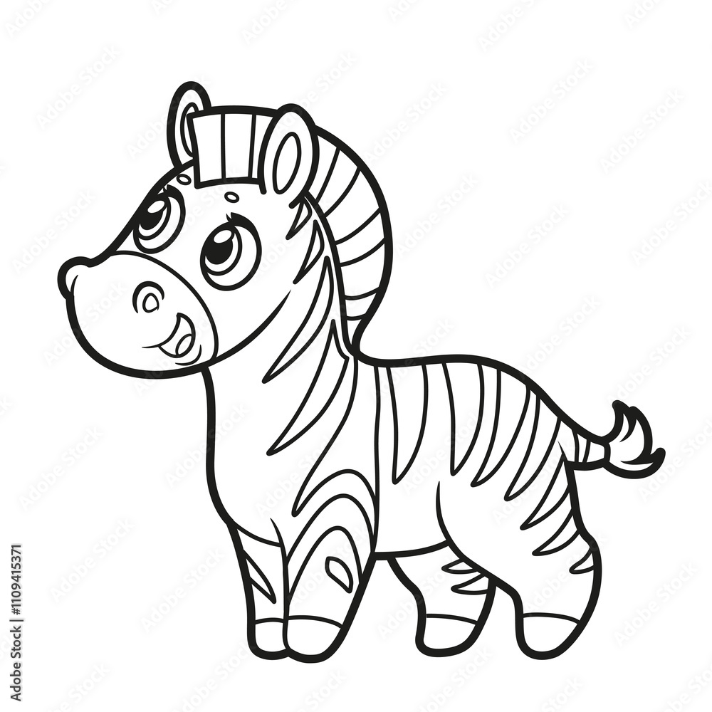 Obraz premium Cute cartoon little zebra outlined on a white background for coloring page