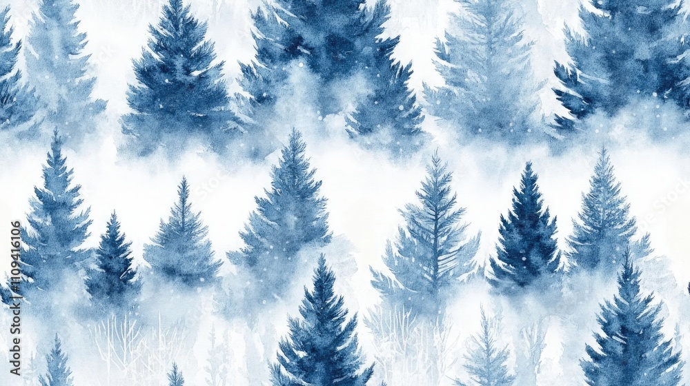 Seamless pattern of winter snow covered Christmas trees in watercolor festive design for holiday decor Seamless pattern of winter snow covered Christmas trees in watercolor festive design for holiday decor