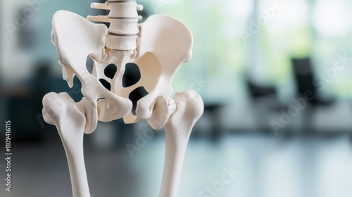 A detailed view of a human skeletal pelvis, showcasing its structure against a blurred background, likely in a medical or educational setting.