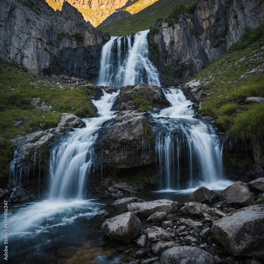 A waterfall cascading down a rocky mountain with a clear backdrop of distant peaks. A waterfall cascading down a rocky mountain with a clear backdrop of distant peaks.