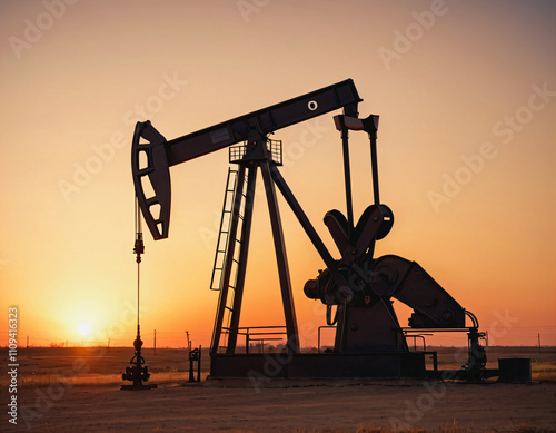 Oil pump jack pump oil at sunset.