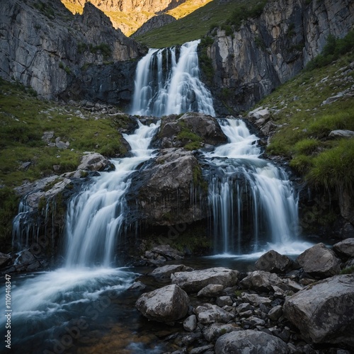 A waterfall cascading down a rocky mountain with a clear backdrop of distant peaks.