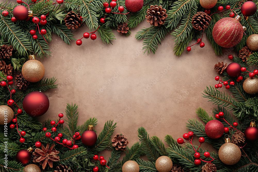 A wreath of red and gold ornaments with pine needles and berries A wreath of red and gold ornaments with pine needles and berries