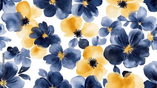 Watercolor seamless pattern of dark blue and yellow flowers against a crisp white background ideal for fabric design and home decor