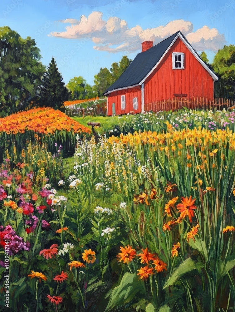 Obraz premium Red Barn in a Vibrant Flower Garden - Picturesque red barn nestled amidst a colorful flower garden, symbolizing peace, nature's beauty, rural life, harvest, and tranquility.