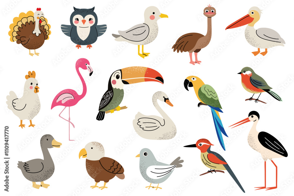 Fototapeta premium Different cartoon wild and domestic birds. Cute birds set. Owl, swan, stork, dove, pelican, toucan, tit.