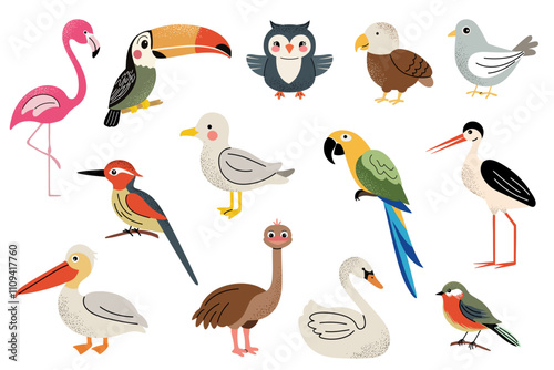 Different cartoon wild domestic birds. Cute birds set. Owl, swan, stork, flamingo, pelican, toucan, tit.