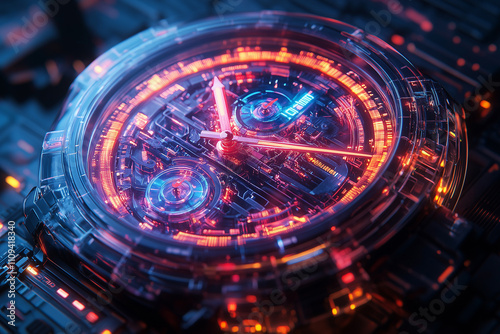 Wallpaper Mural Futuristic watch design featuring layered transparency and glowing elements in vibrant colors Torontodigital.ca