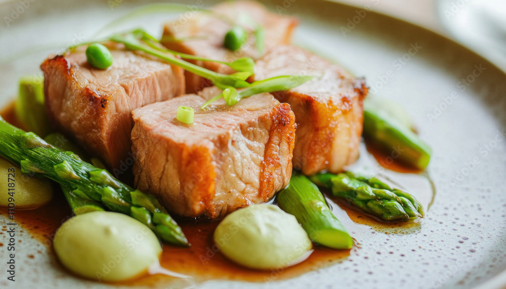 Roasted pork loin with asparagus and pea puree creating delicious culinary dish Roasted pork loin with asparagus and pea puree creating delicious culinary dish