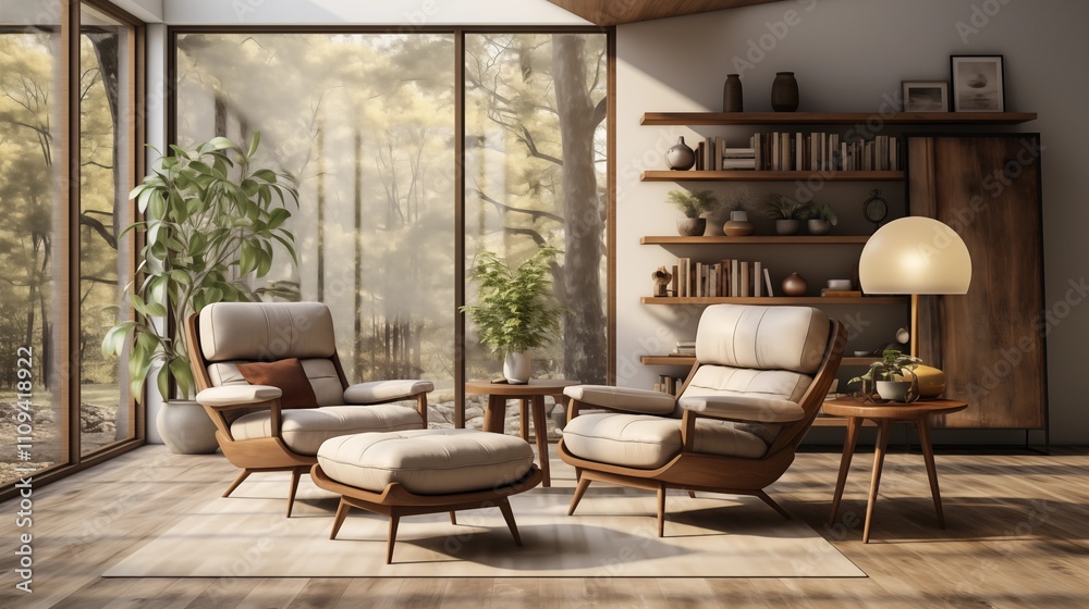 Fototapeta premium Stylish living room with a coffee table and armchair, featuring modern furniture and minimalist design for a relaxed atmosphere.