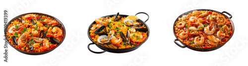 Set of savory paella filled with seafood isolated on a transparent background. 