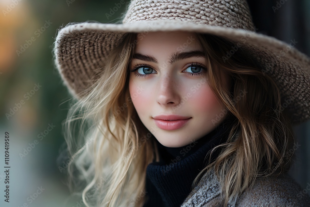 Stylish Young Woman Outdoor Portrait Beige Hat, Closeup Stylish Young Woman Outdoor Portrait Beige Hat, Closeup