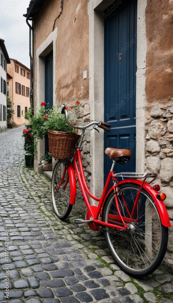 Charming red bicycle resting against a stone wall on a quaint cobblestone street adorned with flowers in a picturesque village. Generative AI Charming red bicycle resting against a stone wall on a quaint cobblestone street adorned with flowers in a picturesque village. Generative AI