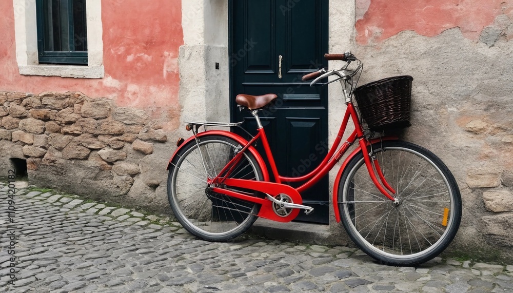 Charming red bicycle rests against a weathered wall on a cobblestone street, capturing the essence of quaint urban life. Generative AI Charming red bicycle rests against a weathered wall on a cobblestone street, capturing the essence of quaint urban life. Generative AI