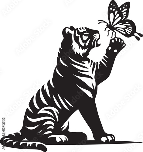A tiger playing with a butterfly perched on its nose vector silhouette