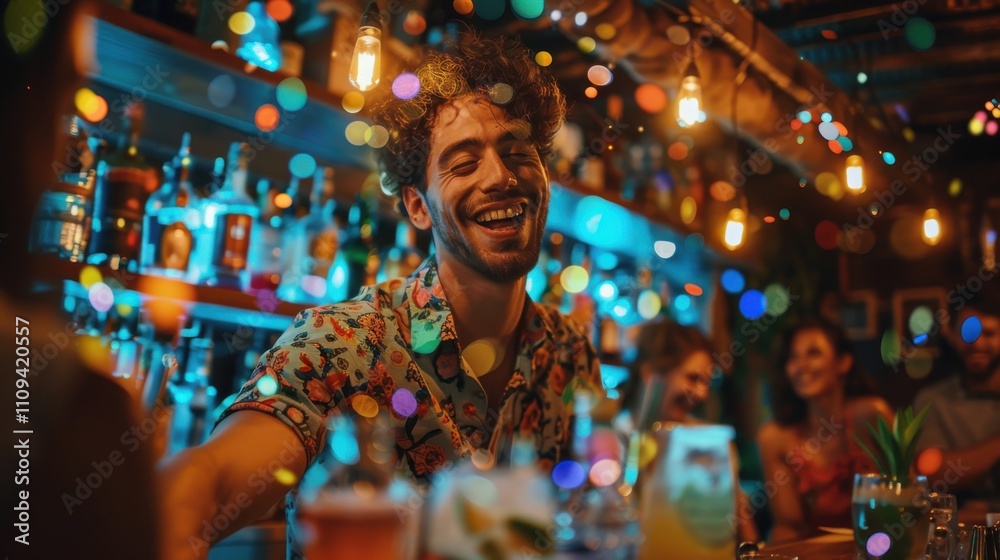 Barman pouring a cocktail from a shaker into a glass with a focused expression, ice cubes splashing, neon lights reflecting off the bar, patrons enjoying the night