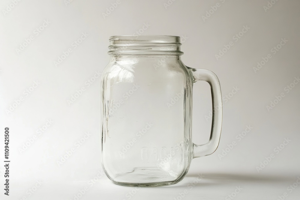 Empty clear glass mason jar with handle against white background. Empty clear glass mason jar with handle against white background.