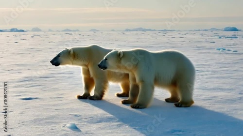 Two Young Couple of Polar Bears Roaming on the Ice