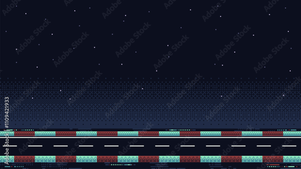 pixel art racing game level background, pixel retro design, 8 bit image, 2d racing track, road with night sky on background, race arcade vector illustration