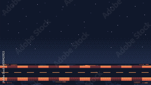 pixel art racing game level background, pixel retro design, 8 bit image, 2d racing track, road with night sky on background, race arcade vector illustration