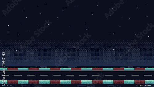 pixel art racing game level background, pixel retro design, 8 bit image, 2d racing track, road with night sky on background, race arcade vector illustration