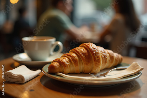 Сup of coffee and croissant on a wooden table in a coffee shop.