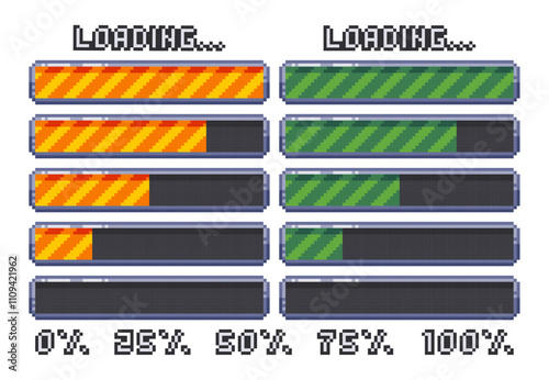 Pixel art loading bar, retro game start, 8 bit, download bar screen. Pixelated progress animation. Loading from 0 to 100 percent.