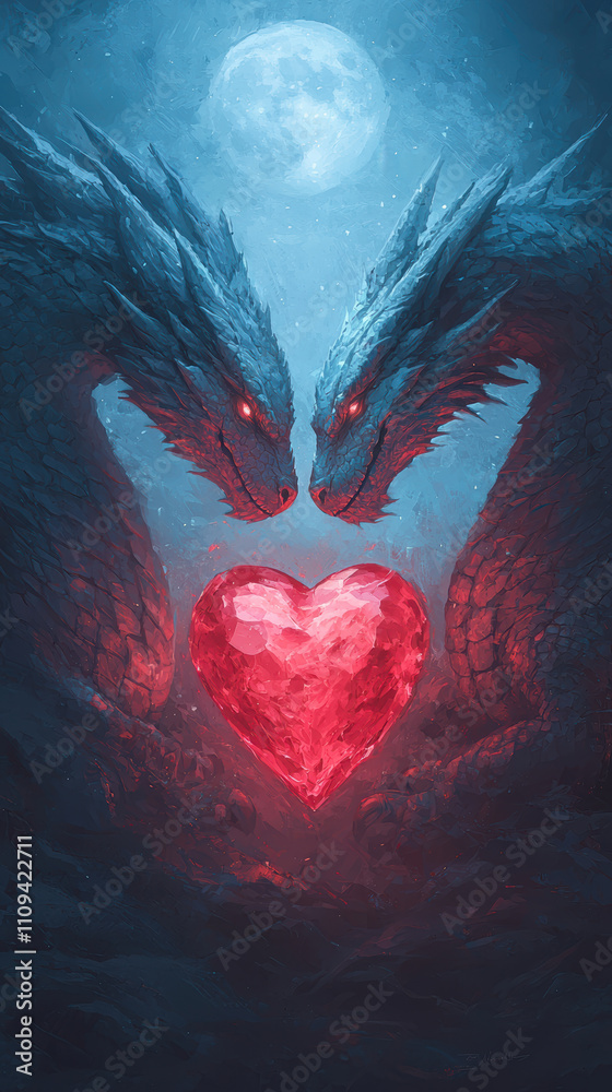 Majestic dragons entwined around glowing red crystal heart under moonlight Majestic dragons entwined around glowing red crystal heart under moonlight