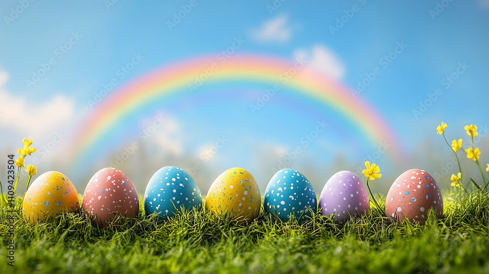 Cheerful rainbow and eggs border with vibrant rainbow and colorful eggs on blue sky background with copy space Cheerful rainbow and eggs border with vibrant rainbow and colorful eggs on blue sky background with copy space