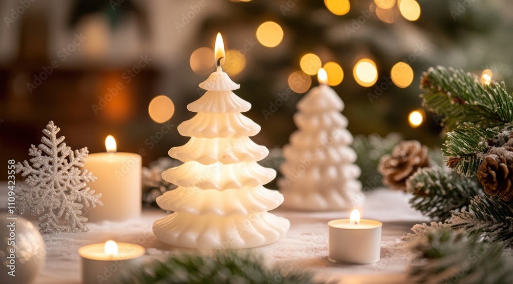 white candles, Christmas tree-shaped candle set on a table with greenery in the background white candles, Christmas tree-shaped candle set on a table with greenery in the background