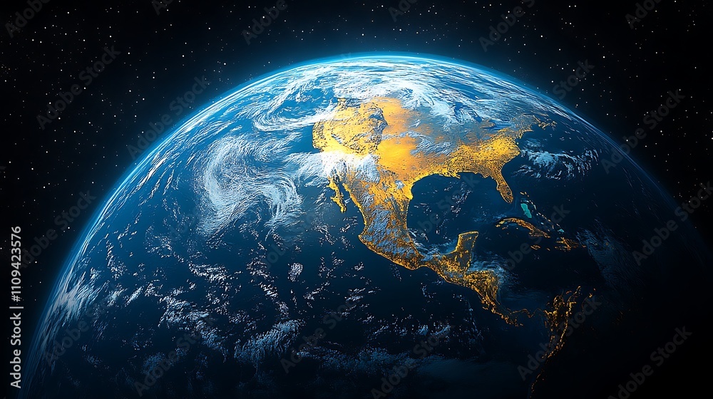 Stunning view of Earth from space, showcasing North and Central America illuminated at night, with swirling clouds and deep blue oceans. Stunning view of Earth from space, showcasing North and Central America illuminated at night, with swirling clouds and deep blue oceans.