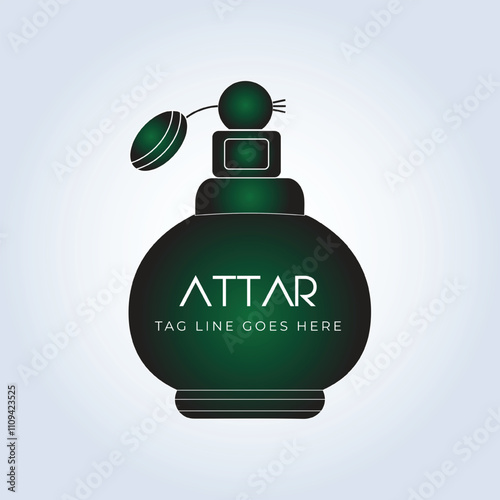 perfume logo, perfume shop, Luxury perfume, bottle, green color, elegant perfume, vintage, attar logo, creative logo, spray, silver background