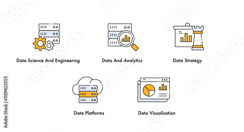 Data Science and Engineering, Data and Analytics, Data Strategy, Data Platforms, Data Visualization Icons.