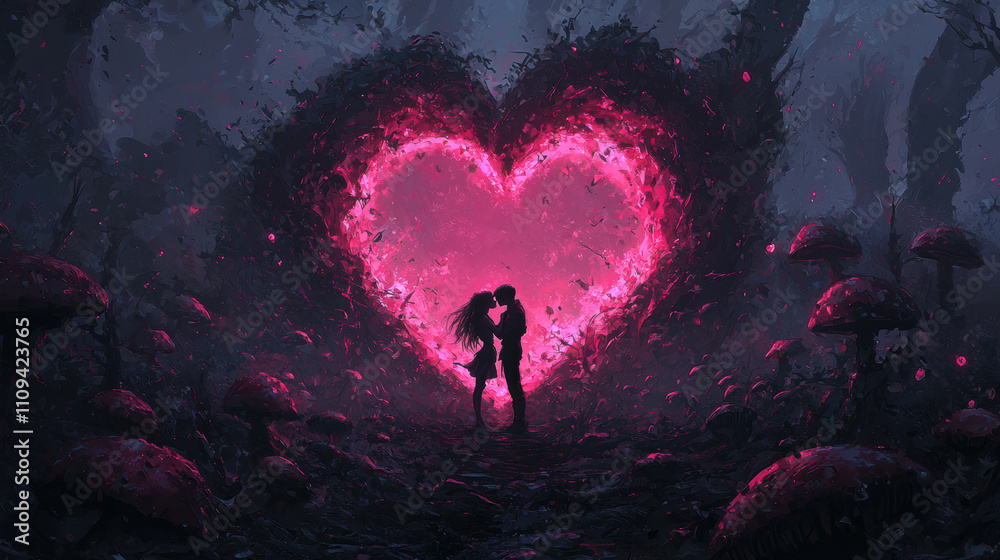 romantic couple embraces in heart shaped glow surrounded by mushrooms romantic couple embraces in heart shaped glow surrounded by mushrooms