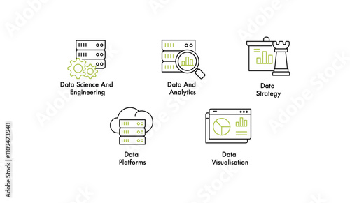 Data Science, Analytics, Strategy, Platforms, and Visualization Icons. Data Science and Engineering, Data and Analytics, Strategy, Platforms, and Visualization Icons.